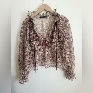 Zara Floral Ruffle Blouse - Pink and Black